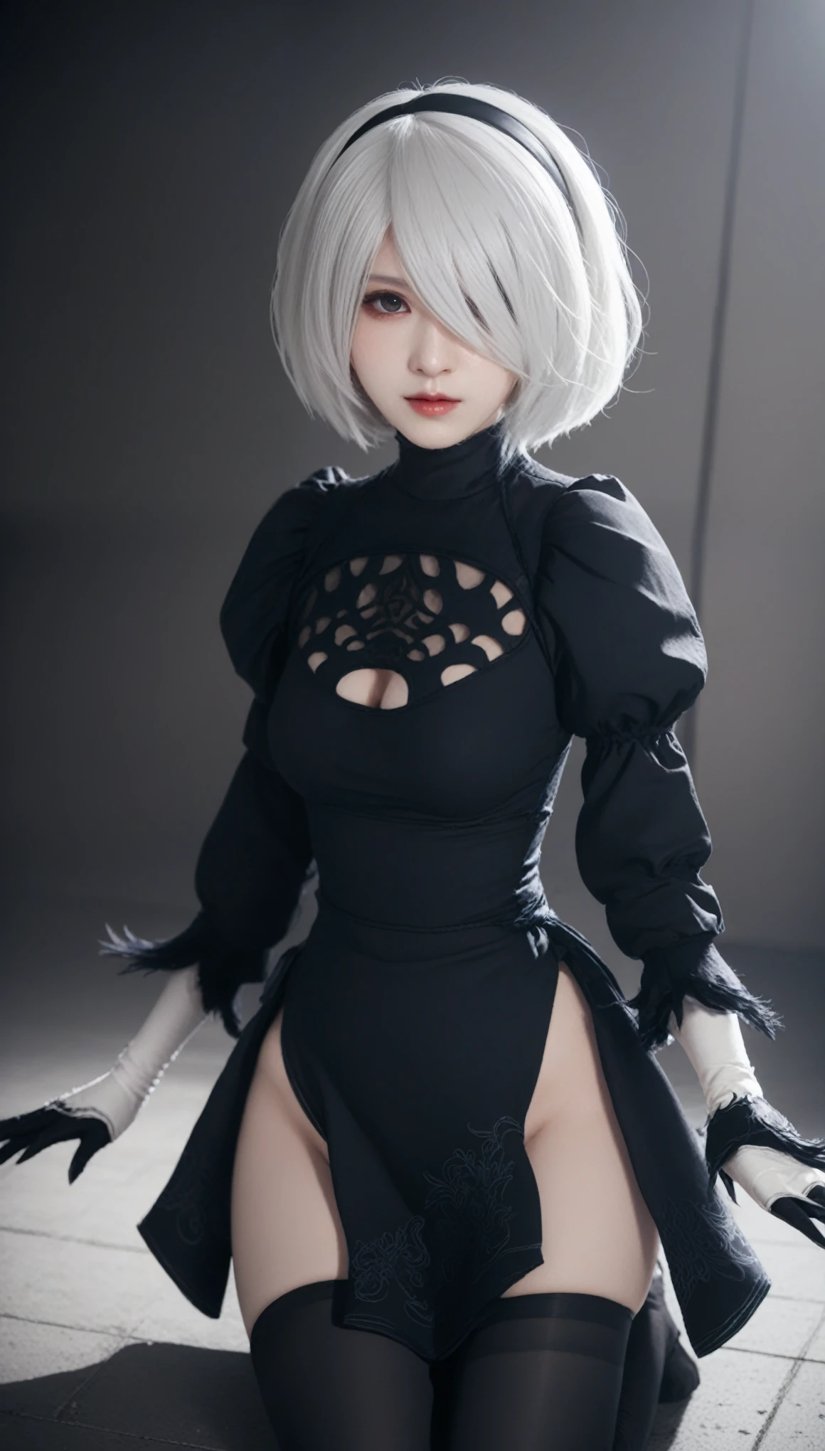 Real Photos、nier:Beautiful cosplay of 2B from Automata、2B、A woman cosplaying as 2B、White skin、tall、Great style、Big Breasts、Small face、High nose、Sharp Eye、Beautiful Face、Beautiful face、30 years old、British women、Half British、nier:2B's black costume from Automata、Stylish background、Light background、Blur the background、Fantasyな都市を背景に、reach out to your audience、Shooting from a diagonal angle、masterpiece、highest quality、high resolution、Cosplayer Photos、Professional Photoodel、Fantasy、Glaring at the audience、Angry expression、Cosplay makeup style、Real Cosplay Photo、Cool and beautiful photos、Portrait、Wrapped in a pale white glow、good looking