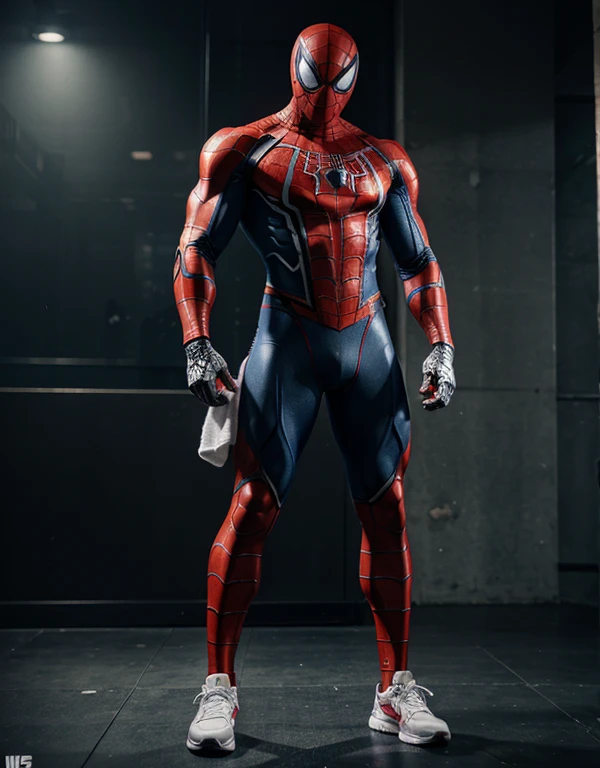 spiderman, holding towel, wearing nike shoes, super strong, muscular, mecha suit, silver robotic armor, gym as background, high-resolution, ultra-detailed, realistic, portraits, vibrant colors, dramatic lighting.