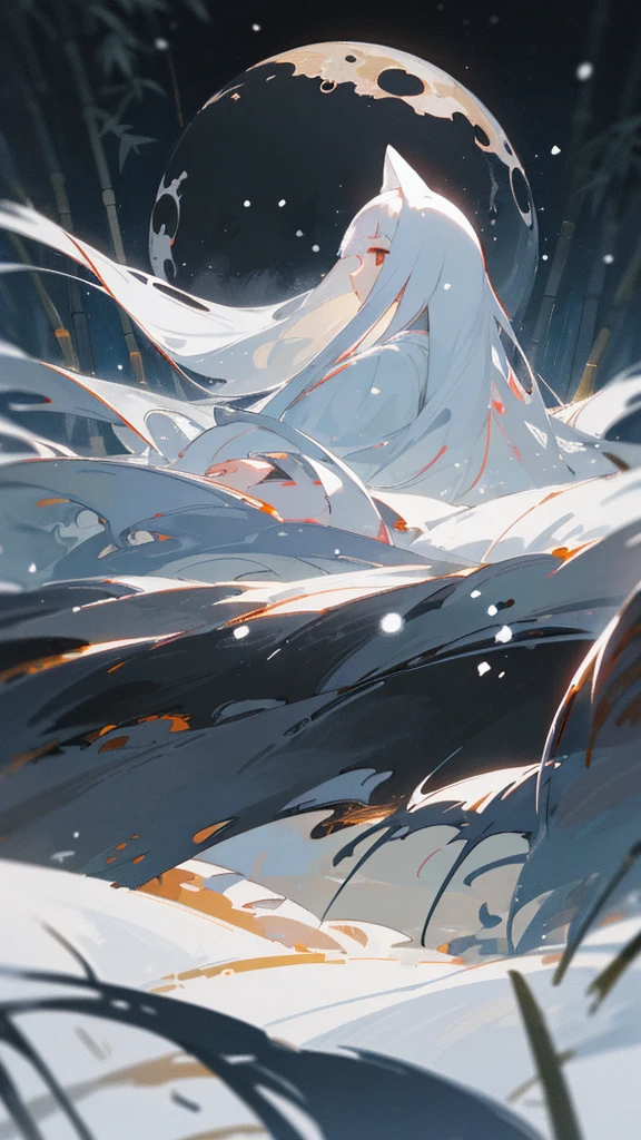 (masterpiece、highest quality)、Warm lighting、 Blurred foreground、Deep in the night、High Contrast,it&#39;s snowing,Black night,full moon,universe,planet,Moon and Earth,Ruined World,Very long white hair,Princess Kaguya,There is a lot of bamboo growing