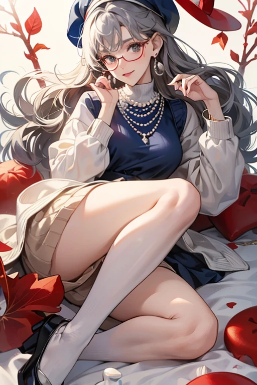 She is with curly gray hair She wears a red hat, glasses, beige stockings, black shoes, a pearl necklace with pearl earrings, a white sweater with various colored leaves on it, and a dark blue and white dress underneath it. SPARKLE; GLITTER
