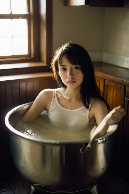 Girl being cooked in a cauldron full of soup