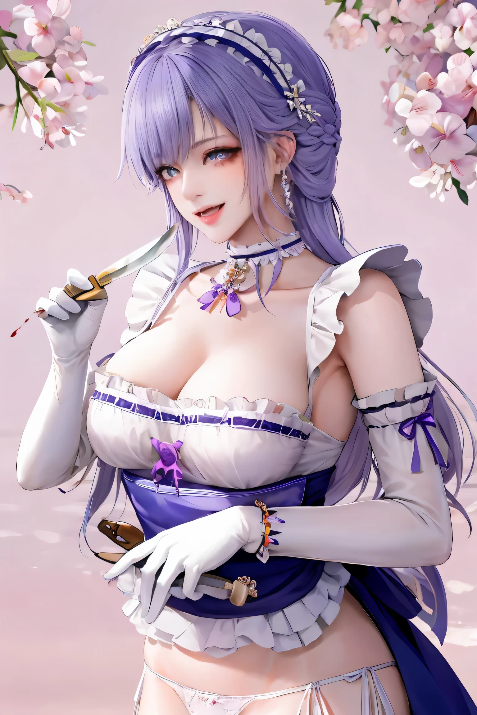 Shojo style, JK style, (floral background), romantic, (Fiona), 1 woman,(((have a mischievous smile,elder sister))), black curly hair,long black hair,alone, braid,((Maid outfit, Shaking skirt,open chest,Show your breasts:1.35,The cracks are clear...,Show off red underwear)),Made headband decorated with ฟ้าอ่อน flowers., White and purple dress, glove, long sleeve shirt,white stockings, choker, Mascara, lip makeup, white glove, black bow,((knife,holding blood stains)), bow, decorate, (looking at the audience,Smile for the camera..) collarbone, puffy sleeves, money accessories, Full body, smooth, light blue set, court, gag, Detailed eyes, cowboy shoot