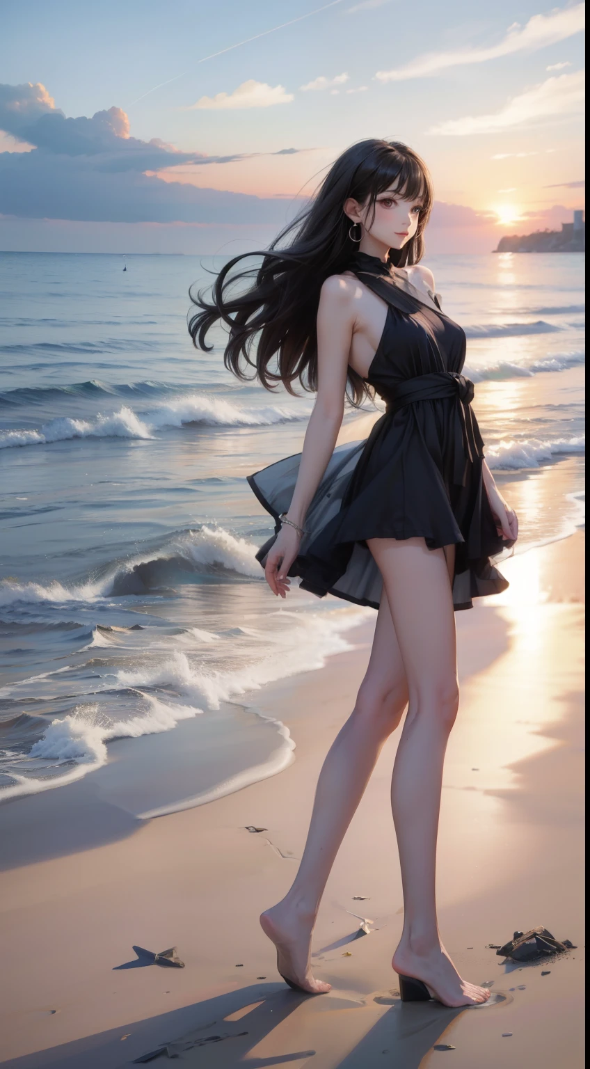 jk_lure_dress2, ((cowboy shot)), ((Bare shoulder)), ((Short hemlines, sexy long legs)), realistic detailed photo of a giant breasted girl with exposed shoulders, detailed fingers, high quality skin, red eyes, alone in a winter scene with clouds, wind, and flowing hair, (best quality,4k,8k,highres,masterpiece:1.2),ultra-detailed,(realistic,photorealistic,photo-realistic:1.37),studio lighting,vivid colors