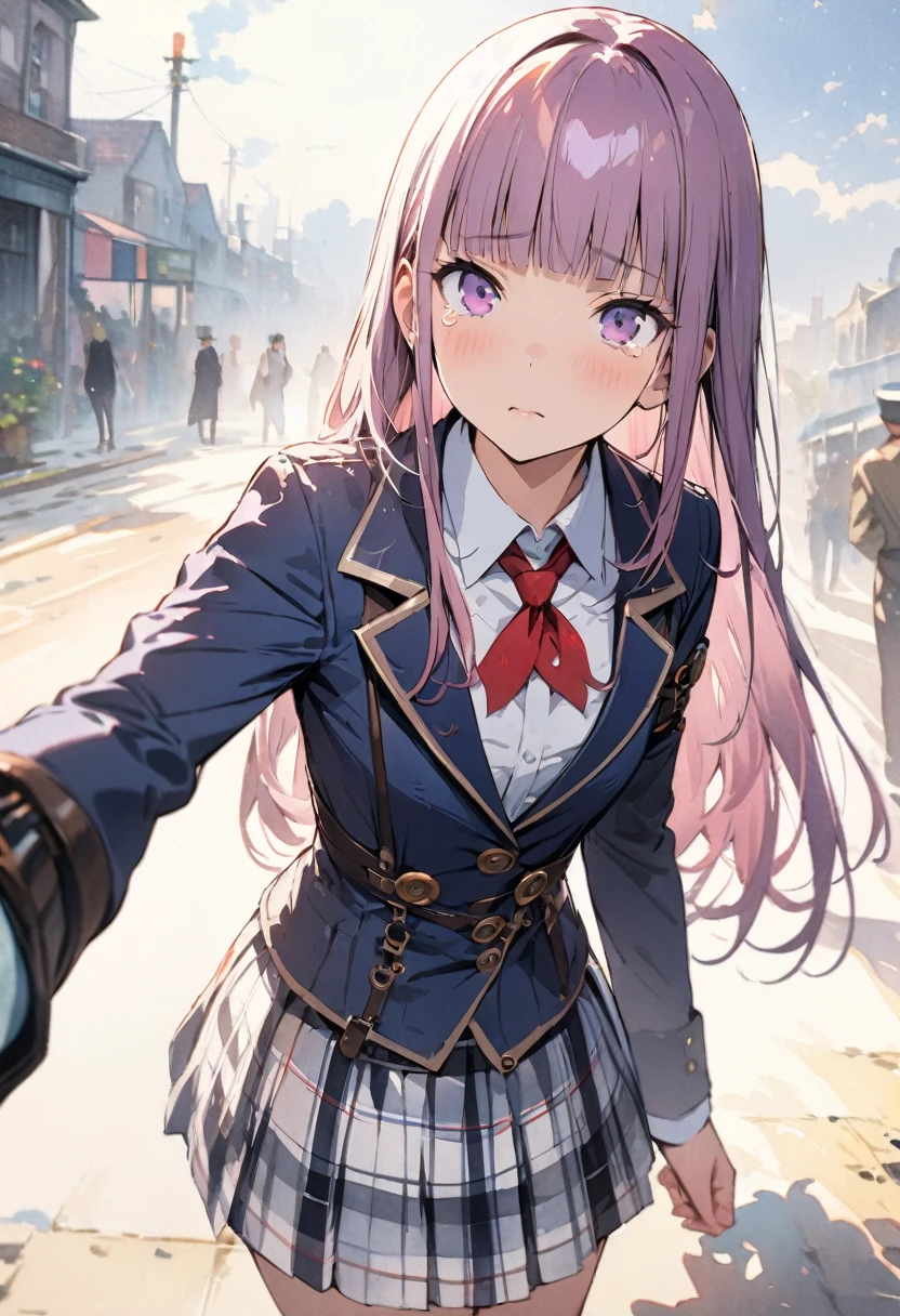 (masterpiece:1.3), (best quality:1.2), (illustration:1.2), (ultra detailed:1.2), (pixiv:1.4),
ultra high res, watercolor, a girl with lavender-colored and blunt bangs hair,Navy blue blazer, white shirt, red ribbon tie, navy and white  checked skirt,BREAK,
(masterpiece:1.3), (best quality:1.2), (illustration:1.2), (ultra detailed:1.2), (pixiv:1.4),
ultra high res,looking at viewer
,fullbody shot, (masterpiece)1.3, anime visual, flat chest,slim, BRAKE, Slender, Steampunk, Fear, tears, snorting, She's got a shotgun and she's fighting zombies,
