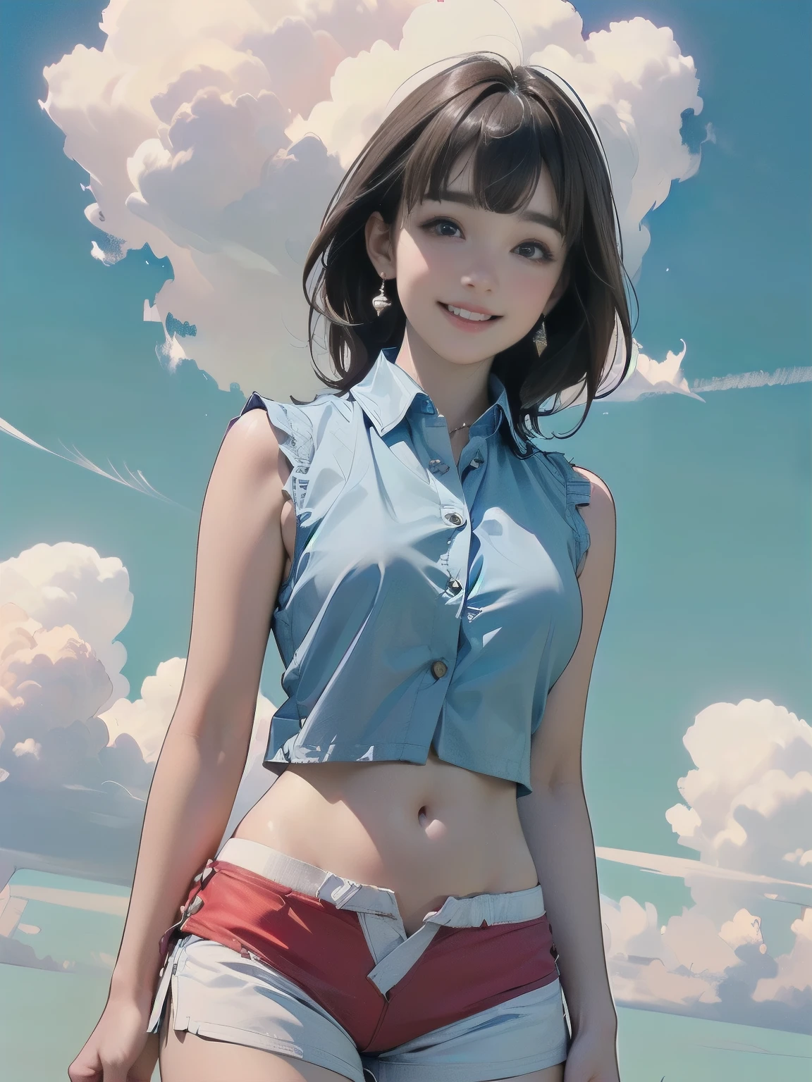 ((((highest quality))))、(((Ultra-precision CG16K wallpaper)))、(((masterpiece)))、(((Super detailed)))、(((Extreme detail)))、((１Mature 24 year old woman:1.5))、((Very beautiful Japanese faces))、((Shiraishi Mai:1.5))、((Straight medium hair、blunt bangs:1.5))、(Shiny brown hair)、Beautiful delicate eyes、eyeliner、eye shadow、Brown eyes、High nose、Small nostrils、Small Mouth、Seductive lips、Beautiful breasts、((C cup size breasts))、Cleavage、Voluptuous body、Perfect proportions、Perfect Anatomy、Perfect composition、Beautiful detailed shading、Beautiful, natural lighting、Beautiful detail glow、Depth of written boundary、(((High chroma)))、(((Real:1.9)))、((vivid:1.5))、((Beautiful Skin))、((Skin Texture))、((Realな皮膚感))、(((Cowboy Shot:1.6)))、((Front view、Front low angle:1.6))、((Shy laugh:1.5))、(The woman is facing this way:1.5)、Bright daylight、Natural light、(((blue sky、cloud background:1.5)))、(Standing pose:1.5)、(((White sleeveless collared cropped shirt、Red bikini hot pants:1.6)))、((Earrings、Wearing a necklace:1.3))、