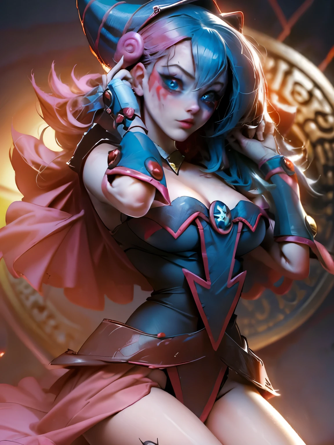 Maga oscura gils vestida de Harley Quinn. Tiene cabello rubio y negro. Ojos azules. Labios rojos. Dark magician gils is dressed as Harley Quinn. Pose sensual y inocente. Fondo de circo y magia.