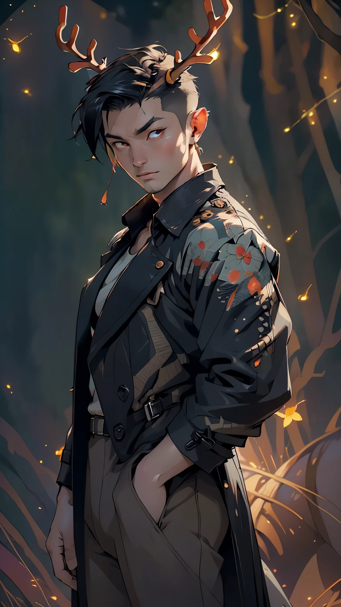 man:1.5,1 man,super manly korean man,((korean man)),(male,muscle,1boy, 1 boy,pectoral,man chest, muscular), 25 year old man,young,((1male,1 male,1man,man,male gender:1.5,handsome man,male focus)),((huge antlers:1.5,dear antlers:1.5,blooming antlers:1.5,fireflies between the antlers:1.5)),(((Visual kei,male idol,a korean man with black jacket, short hair undercut))),young handsome male,black hair,(((red_eyes:1.3))),intricate eyes,beautiful detailed eyes,symmetrical eyes,slanted eyes:1.3,black hair,nice hair style,((detailed face)),
serious face,evil eyes,
(kpop dark clothes),(((kpop dark outfit,trench coat))),((bulge in pants)),((intricate outfit,intricate clothes)),
(dynamic pose:1.0),mocking,(centered,scale to fit dimensions,Rule of thirds),
((((many fireflies,fireflies,glowing fireflies,fireflies in the background)))),
((deep and dark cavern)),(mysterious lights in the background, stalagmites, stalactites),scenery:1.25,intricate scenery,((deep and dark cavern background)),
(Glossy winter ornaments),highres,sharp focus,(ultra detailed,extremely detailed),(photorealistic artwork:1.37),(extremely detailed CG unity 8k wallpaper),(((vibrant colors,vibrant theme))),(intricate),(masterpiece),(best quality),artistic photography,(photography taken by sldr),(intricate background),perfect rendered face,perfect face details,realistic face,photo realistic,((intricate detail)),(((realism))),