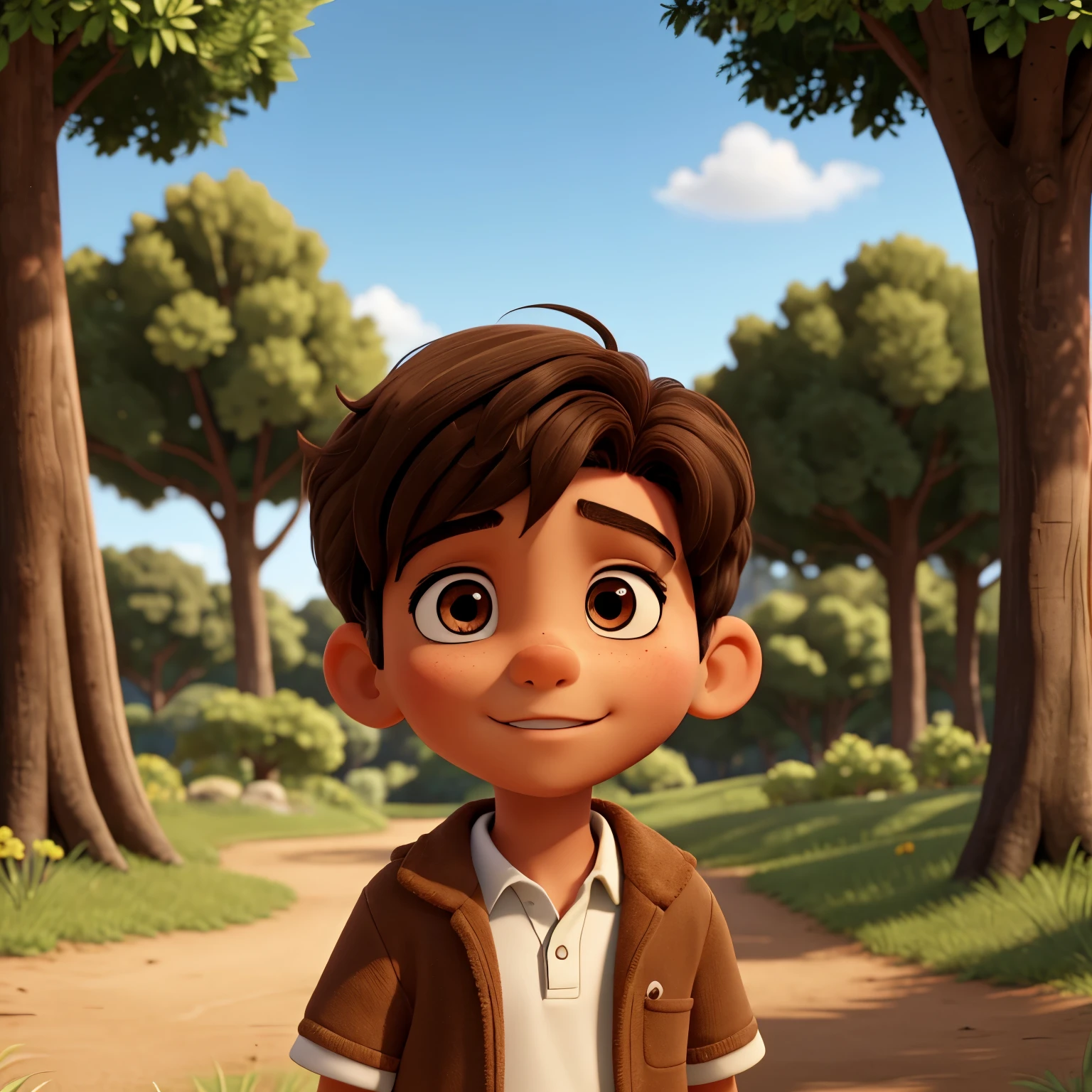 Bernardo, a light brown boy, , with dark brown hair and eyes, is exploring nature