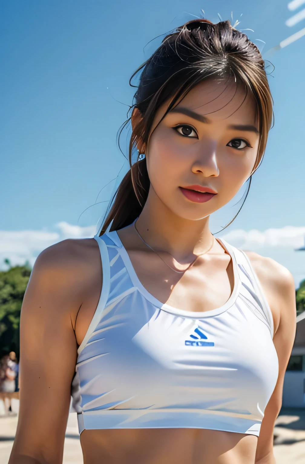 highest quality, (Realistic:1.4), Very detailed, Very delicate and beautiful, 8k, Ultra-high resolution, (Realistic photos of cute and beautiful Japanese female beach volleyball players, alone), (Separate type uniform for beach volleyball:1.2), Stunningly beautiful face, The supple and beautiful body of an athlete, Slightly larger breasts, Tanned oily skin, (shiny sweaty skin), Summer beach court during competition, Cinematic shots, Professional natural lighting and shading, ((Very detailed and beautiful eyes and face)), (Highly detailed and beautifully realistic skin texture), balance the body, accurate needle, Accurate Eyes