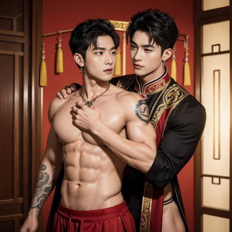 ( safe for work),Two handsome boys kissing, smiling at each other,hugging, kissing, touching lips, cuddle, romantic,skin ship, Chinese Men God, Mythology, realistic, Chinese odyssy, super Handsome,manly, kpop idol, handsome korean actor, 20 years old,, detailed face, manly jawline, detailed mess curly styling hair, Topless, Muscles, big breast Athlete body, Full Frame,full body shoots, realistic, human skin, tattoo breast, Professional studio Lighting, long red tibet wedding Outfit, jade and golden pendent all over , detailed jewery in dress, earings,Chinese ancient wedding Background,out door, super detailed background,look at camera , open mouth, thin Underneathe Underwear, tibet Warrior, Hanfu red wedding dress, tibet Male, tibet Nobel, Seduce , bare chest , tattoo chest, tattoo arms, tattoo hands, tattoo back, tattoo legs , tattoo belly, big juicy butts,