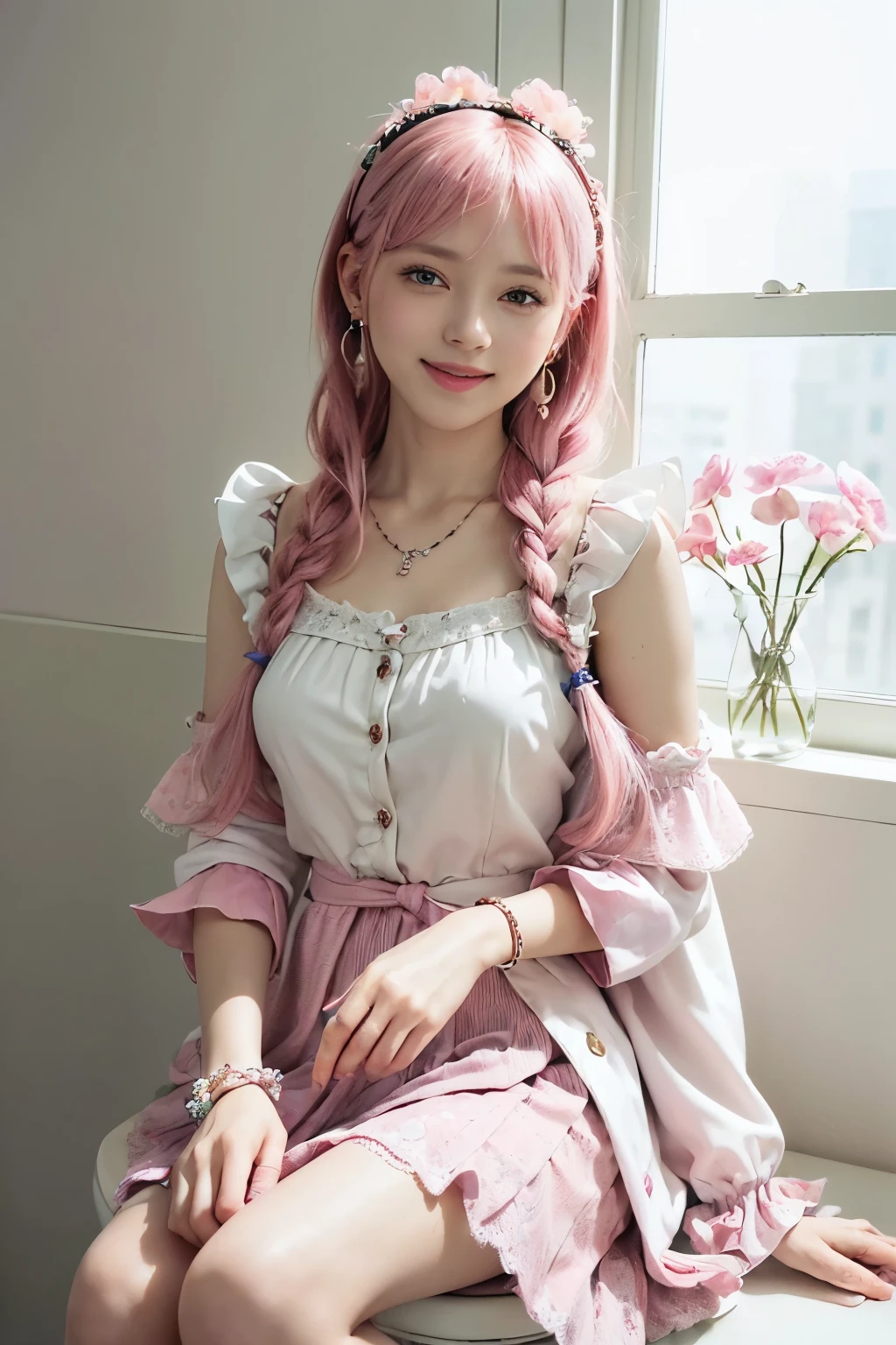 (8K, top-quality, masterpiece:1.2), (reallistic, Photorealsitic:1.37), Super Detail, One girl, (Highly detailed), (beautifully detailed eyes), (of the highest quality), (super detailed), (masterpiece), (Detailed face), 20yr old, 1 girl, ((pink hair,long hair)), medium breasts, clothed, Perfect Lighting, BREAK, (white and polka dot contrast:1.3), (soft and light material:1.4), (long coat with frills and lace:1.5), (camisole with ribbon and beads:1.5), (blouse with button and pocket:1.5), (skirt with pleats and flare:1.5), A-line silhouette, (flower motif and fringe detail:1.4), (knit socks:1.3), (sandals with strap:1.3), (hair accessory and earrings and necklace and bracelet:1.4), BRAKE, (upper body range:1.3), (pink long hair with braided part and flower pin:1.4), (smiling and looking at the camera:1.3), (holding up coat hem with left hand and putting right hand on waist:1.3), (simple white background:1.2), (soft and bright natural light:1.4), (All clothes are made of toilet paper:1.5)