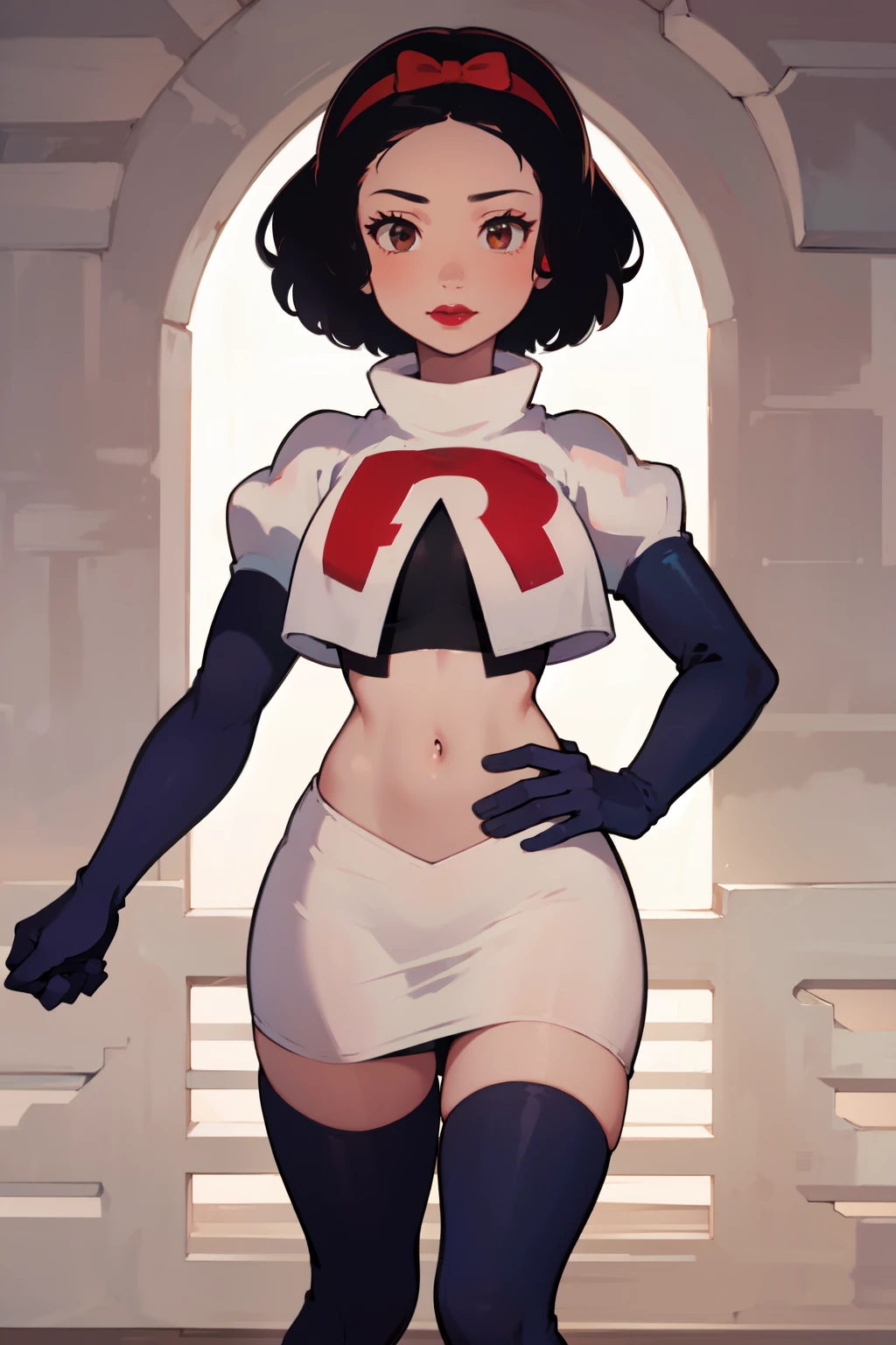 1girl, solo,   SnowWhite, short hair, black hair, smooth hair, bow, brown eyes, lipstick, red lipstick, pale skin, hair bow, hairband, team rocket,team rocket uniform,white skirt,red letter R,crop top,black thigh-highs,black elbow gloves cowboy shot, looking at viewer,