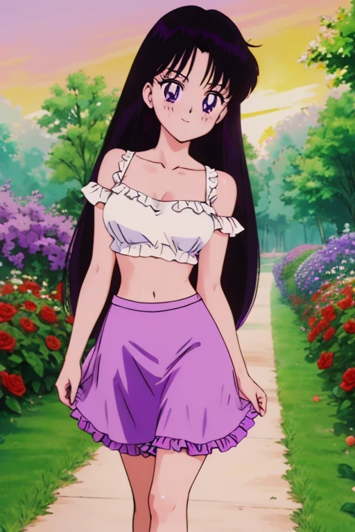 (retro anime girl:1.2), (masterpiece:1.2), (best quality), (ultra detailed), (8k,4k), (half body:1.2), (cowboy:1.2), (close up:1.2), (highly detailed:1.2), (White Ruffle Off-the-shoulder tank top:1.4), (purple pencil skirt:1.4), Rei Hino, 1 girl, solo, Best quality, masterpiece, High Definition, Teenager, Purple Eyes, Beautiful Detail Eyes, Black Hair, Long Hair, Good hands at sides, Seductive Smile, Blushing, Bare Neck, Bare Arms, Bare Shoulders, short sleeve, Strapless, White Ruffle Off-the-Shoulder Tank Top, purple pencil skirt, walking in the garden with bare feets, looking at viewers, garden, sunset skies, rose bushes, outdoor gazebo