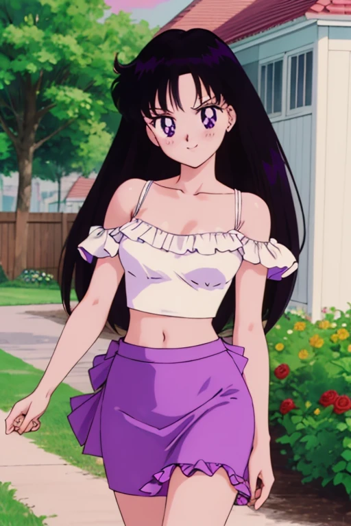 (retro anime girl:1.2), (masterpiece:1.2), (best quality), (ultra detailed), (8k,4k), (half body:1.2), (cowboy:1.2), (close up:1.2), (highly detailed:1.2), (White Ruffle Off-the-shoulder tank top:1.4), (purple pencil skirt:1.4), Rei Hino, 1 girl, solo, Best quality, masterpiece, High Definition, Teenager, Purple Eyes, Beautiful Detail Eyes, Black Hair, Long Hair, Good hands at sides, Seductive Smile, Blushing, Bare Neck, Bare Arms, Bare Shoulders, short sleeve, Strapless, White Ruffle Off-the-Shoulder Tank Top, purple pencil skirt, walking in the garden with bare feets, looking at viewers, garden, sunset skies, rose bushes, outdoor gazebo