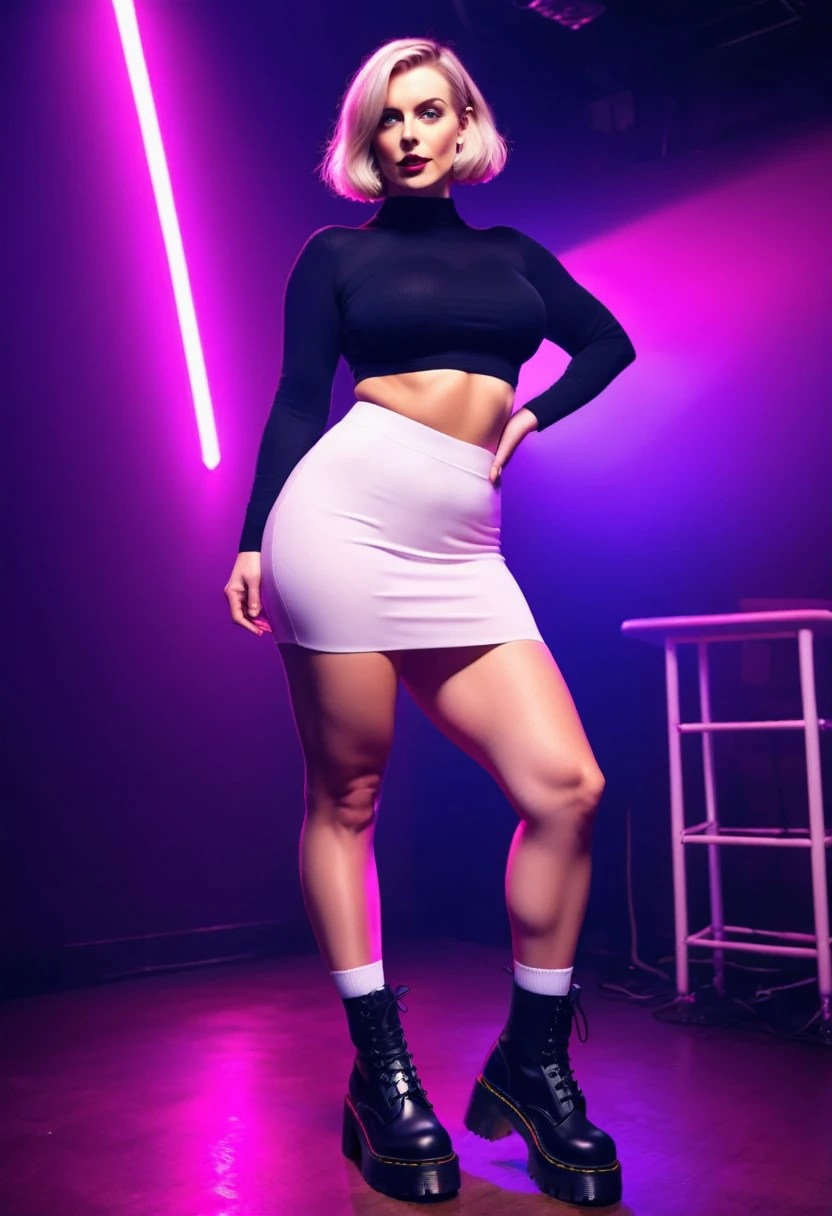 (full body photo:1.3), solo, (from below)1.2, (stylish bob haircut) (huge natural breasts)1.3, (futuristic, nightclub, neon light), (standing pose), (black tights and white wool socks)1.3, (pink tube-top) (purple tight mini skirt)1.2, (black tights and white wool socks)1.3 (Dr Martens boots)1.2, (wide hips, curvy, thick thighs muscular legs)1.2, intricate detail, ((random ethnicity from Europe and America) mature female)1.2 posh, (environmental portrait), perfect eyes, looking at viewer, showing ass