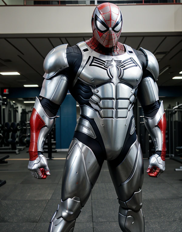spiderman, wear nike shoes. super sturdy, huge muscle, mecha suit, silver robotic armor. gym as background