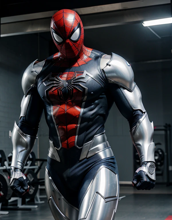 spiderman, wear nike shoes. super sturdy, huge muscle, mecha suit, silver robotic armor. gym as background