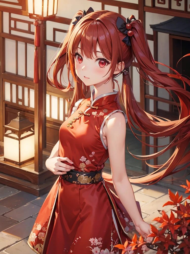 (high quality:1.2),realistic,Japanese zoom,women,looking up,cute,beautiful detailed、 Red eyes,chestnut hair,Twin tails,Sleeveless Chinese dress,slender,small breasts,upper body