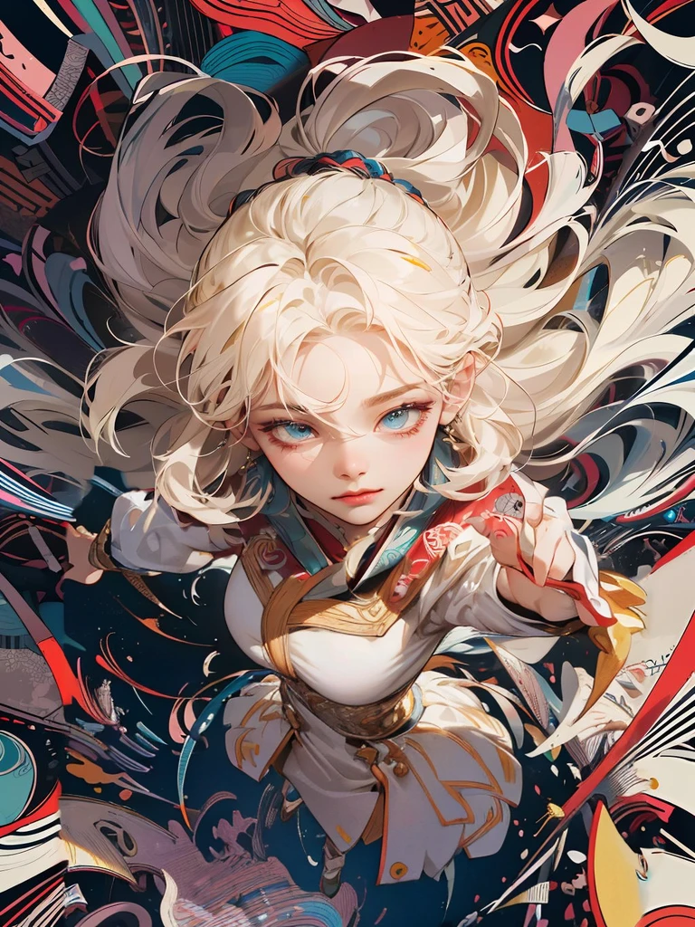 Absurd, High resolution, Super detailed, One girl, alone, Very fine grain, Ultra-precise depiction, Ultra-detailed depiction, (Tangled:1.2), (Dynamic pose), (Abstract background:1.5), (Traditional Costume:1.2), Short platinum blonde, (Shiny skin), Many colors, Upper Body, (From above)