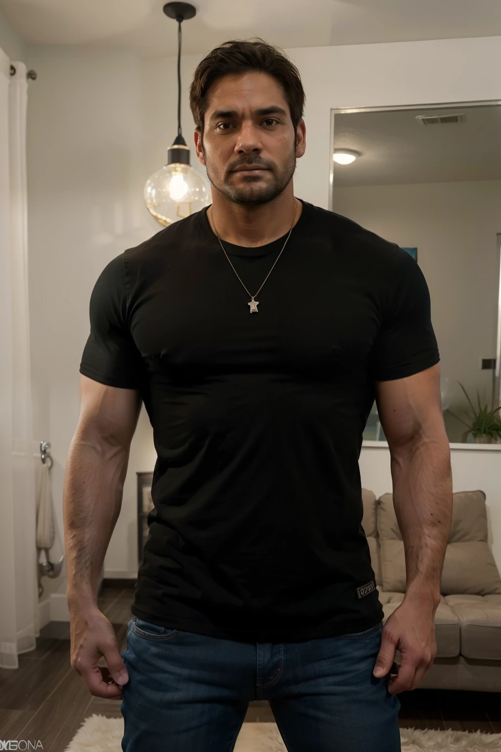 Realistic 8K image of a 33-year-old man, rubio, Fuerte, musculoso y nalgon, cabello corto, ojos verdes, Vestido con una camiseta blanca sin mangas y jeans negros, shy expression, muy guapo, Big muscular body, , de pie en la sala de estar de un apartamento sencillo, escena nocturna. Cuerpo completo jeans Big muscular