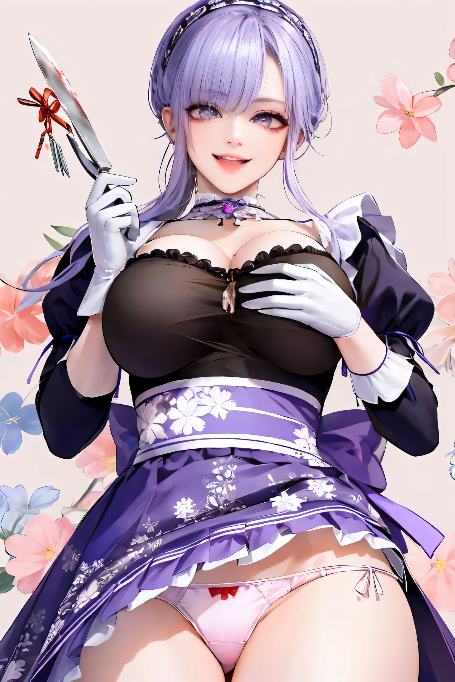 Shojo style, JK style, (floral background), romantic, (Fiona), 1 woman,(((have a mischievous smile,elder sister))), black curly hair,long black hair,alone, braid,((Maid outfit, Shaking skirt,open chest,Show your breasts:1.35,big breasts:1.35,The cracks are clear...,Show off red underwear)),Made headband decorated with ฟ้าอ่อน flowers., purple dress, glove, long sleeve shirt,white stockings, choker, Mascara, lip makeup, white glove, black bow,((knife,holding blood stains)), bow, decorate, (looking at the audience,Smile for the camera..) collarbone, puffy sleeves, money accessories, Full body, smooth, light blue set, court, gag, Detailed eyes, cowboy shoot