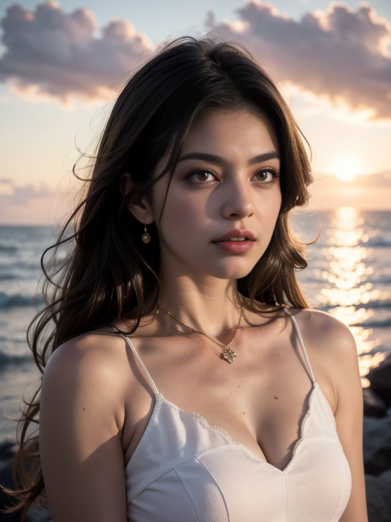 Melancholic girls lost in past, The woman, in full height, (Angela Carrasco), in white simple dress, Indulgence in a shameful fetish, with a sharp face and thinking, lost mind, on the edge of the blue ocean on a sunset, on the edge of a rocky cliff, the wind blows her hair