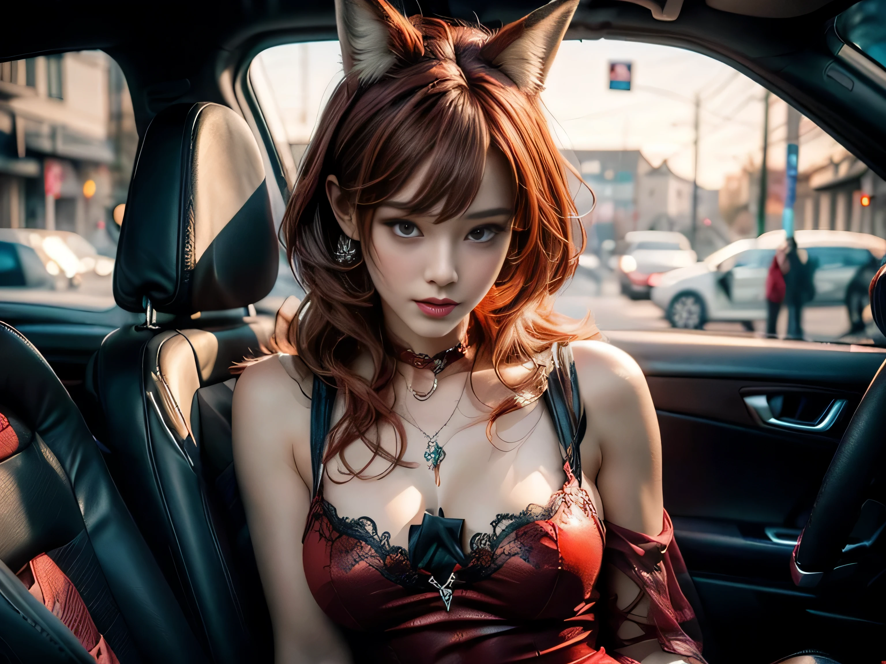 There is red haired gorgeous fox girl dressed in long red sexy evening dress with a cut sitting in elegant but sexy pose on hood of the sportcar, great quality anime art, illustration, high quality realistic anime art, seductive face expression, beautiful fox girl in sexy pose, 4k best quality, lace guipure in clothes, 8k character details, high quality anime art, melodic aura around women, high quality illustration, detailed anime wallpapers, detailed anime art