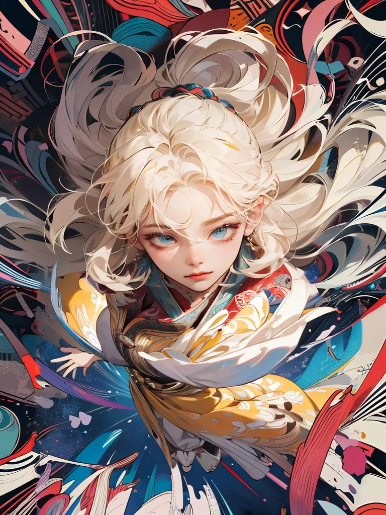 Absurd, High resolution, Super detailed, One girl, alone, Very fine grain, Ultra-precise depiction, Ultra-detailed depiction, (Tangled:1.2), (Dynamic pose), (Abstract background:1.5), (Traditional Costume:1.2), Short platinum blonde, (Shiny skin), Many colors, Upper Body, (From above)