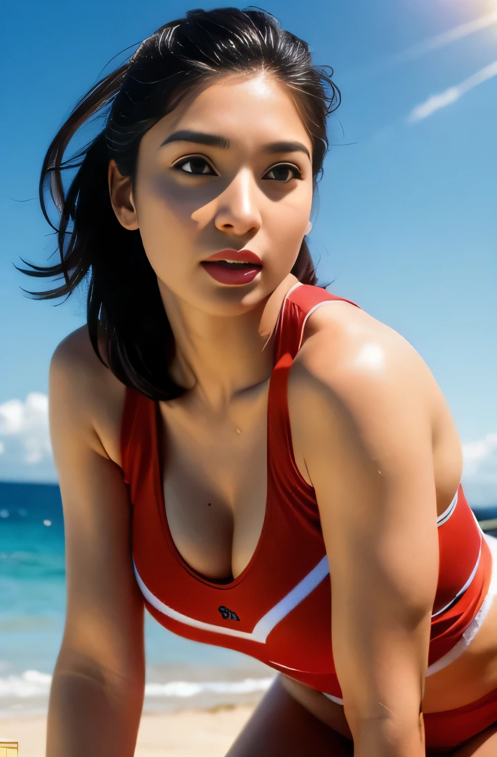 highest quality, (Realistic:1.4), Very detailed, Very delicate and beautiful, 8k, Ultra-high resolution, From the knee up、Cleavage、Butt、(Realistic photos of cute and beautiful Japanese female beach volleyball players, alone), (Separate type uniform for beach volleyball:1.2), Stunningly beautiful face, The supple and beautiful body of an athlete, Slightly larger breasts, Tanned oily skin, (shiny sweaty skin), Summer beach court during competition, Cinematic shots, Professional natural lighting and shading, ((Very detailed and beautiful eyes and face)), (Highly detailed and beautifully realistic skin texture), balance the body, accurate needle, Accurate Eyes