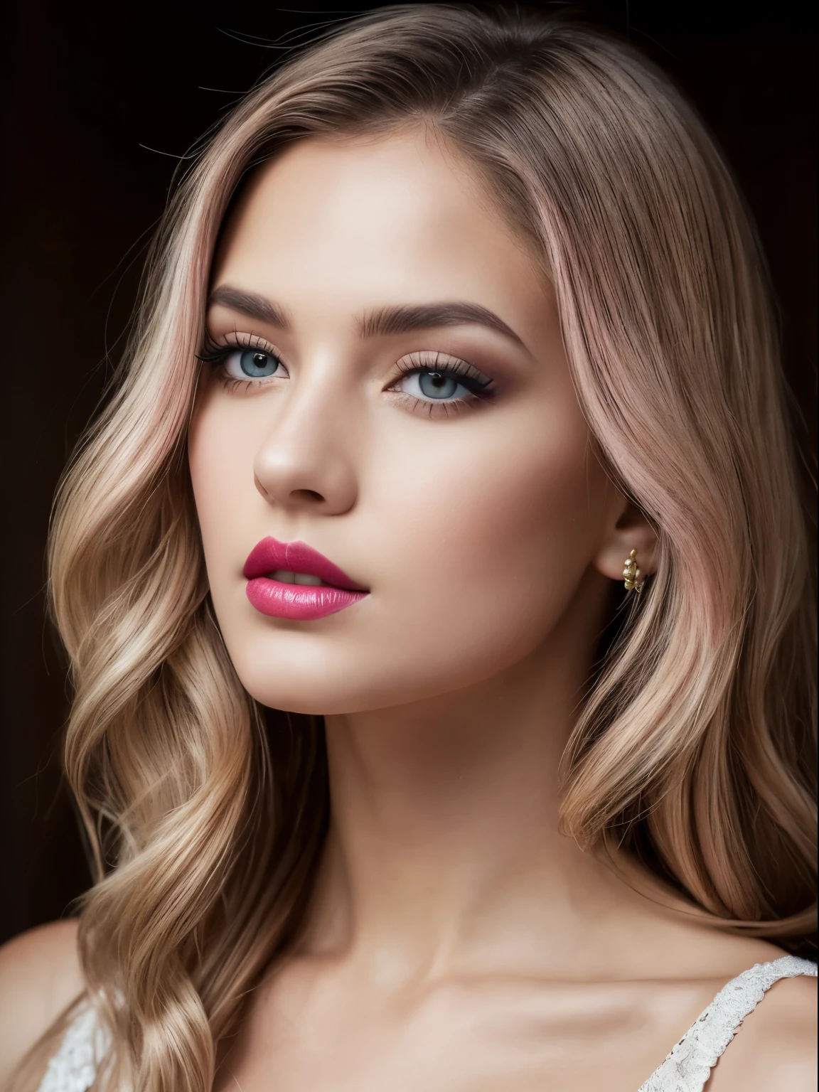 (Best quality,8K,A high resolution,Masterpiece:1.2, DSLR, 16k ),Ultra-detailed,(Realistic,Photorealistic,photo-realistic:1.37),Portrait, Creative style artwork, Historical, classical, Sophisticated, plethora of colors ,Highly detailed, Soft lighting, luxurious environment , black dress, there is young woman , girl wearing a red classy royal dress, performing a music video, slim fit (oval perfect shape, asymmetrical face structure, perfect proportion, almond eye type, hazal eye color, detailed eyes, yellow hair color, 32 inch breasts, hourglass figure, slim body, pale white skin tone ,sexy girl, 25 years old, soft wavy hair, looking away, attitude expression, professional makeup, pink lips)