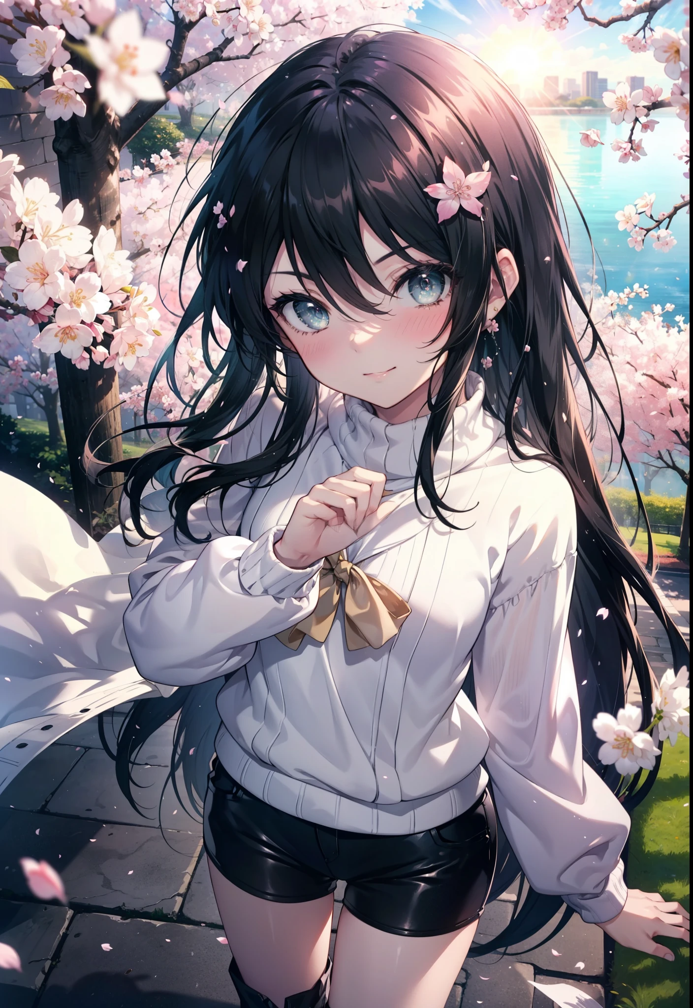 Shana,灼眼のShana,Long Hair,Black Hair, Black eyes Small breasts,smile,blush,White Sweater,Shorts,Black pantyhose,Mini Boots,Cherry blossom tree-lined path,Cherry blossoms are blooming,Cherry blossoms are scattered,morning,morning陽,The sun is rising,Looking down from above,
break looking at viewer, (Cowboy Shot:1. 5)
break outdoors, garden,
break (masterpiece:1.2), highest quality, High resolution, unity 8k wallpaper, (figure:0.8), (Detailed and beautiful eyes:1.6), Highly detailed face, Perfect lighting, Extremely detailed CG, (Perfect hands, Perfect Anatomy),