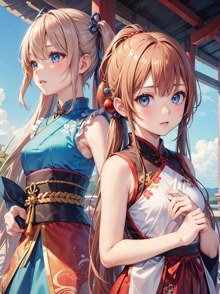 (high quality:1.2),realistic,Japanese zoom,women,looking up,cute,beautiful detailed、 blue eyes,chestnut hair,Twin tails,Sleeveless Chinese dress,slender,small breasts,upper body
