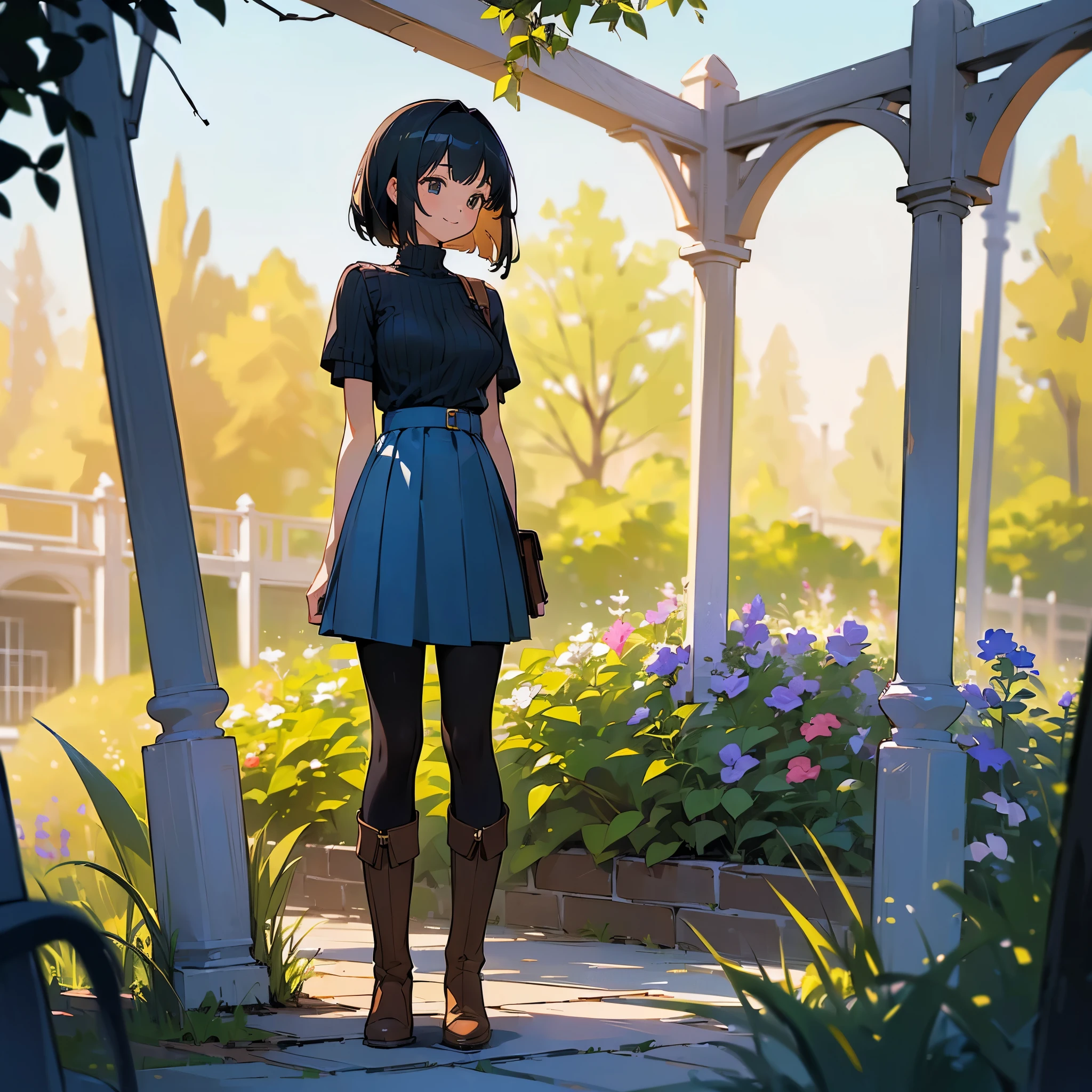 (high quality, High resolution, Very detailed, reality:1.37), Peaceful atmosphere, (Outdoor, garden), teenage girl standing alone, (my breasts are big.), Beautiful detail features, Cute Smile, (Black bob hair), Short sleeve ribbed sweater, Blue Skirt, Black tights, Brown boots.