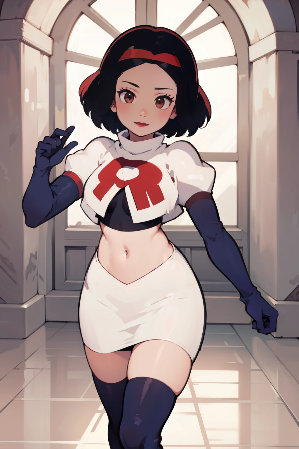 1girl, solo,   SnowWhite, short hair, black hair, smooth hair, brown eyes, lipstick, red lipstick, pale skin, hair bow, hairband, team rocket,team rocket uniform,white skirt,red letter R,crop top,black thigh-highs,black elbow gloves, cowboy shot, looking at viewer,