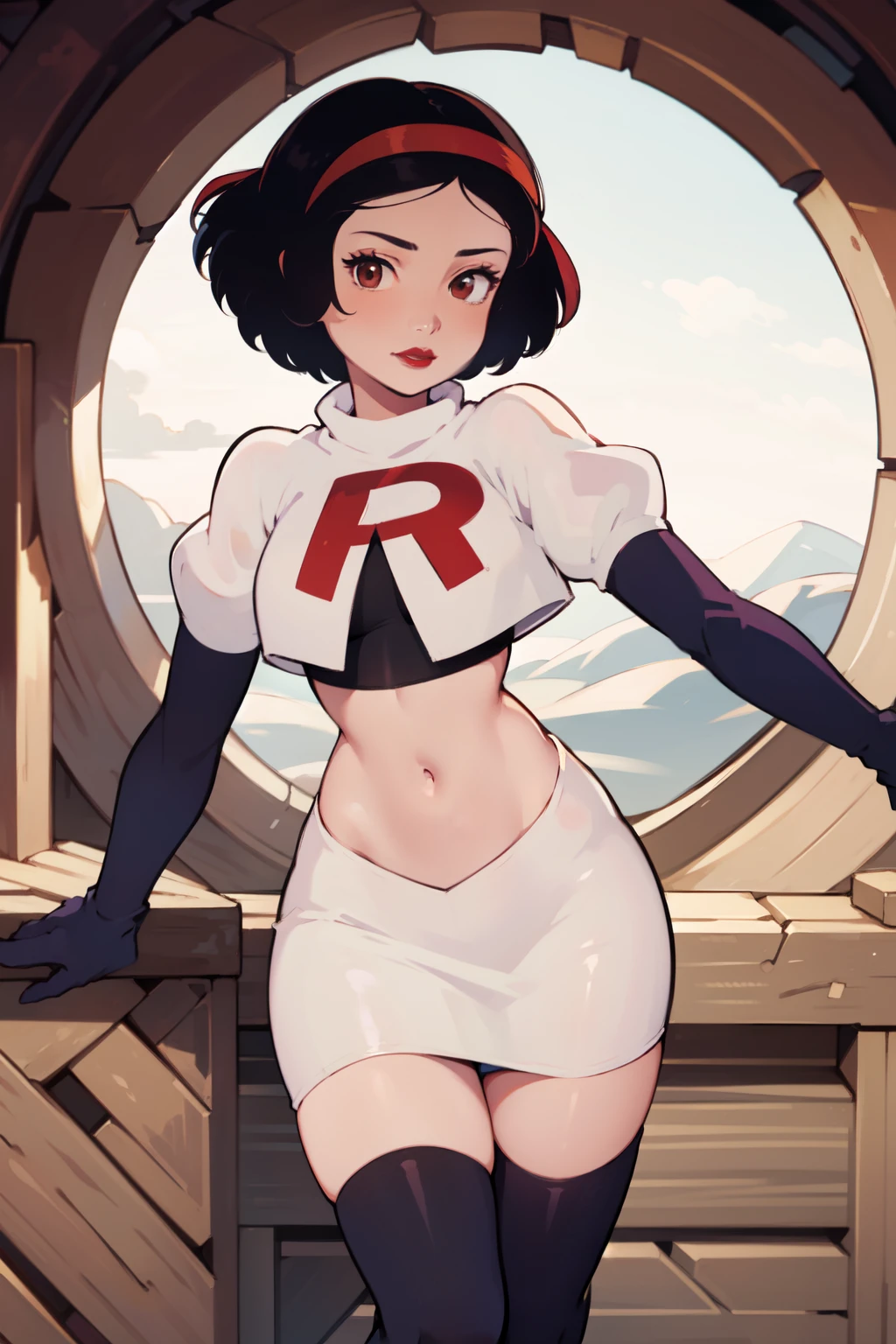 1girl, solo,   SnowWhite, short hair, black hair, smooth hair, brown eyes, lipstick, red lipstick, pale skin, hair bow, hairband, team rocket,team rocket uniform,white skirt,red letter R,crop top,black thigh-highs,black elbow gloves, cowboy shot, looking at viewer,