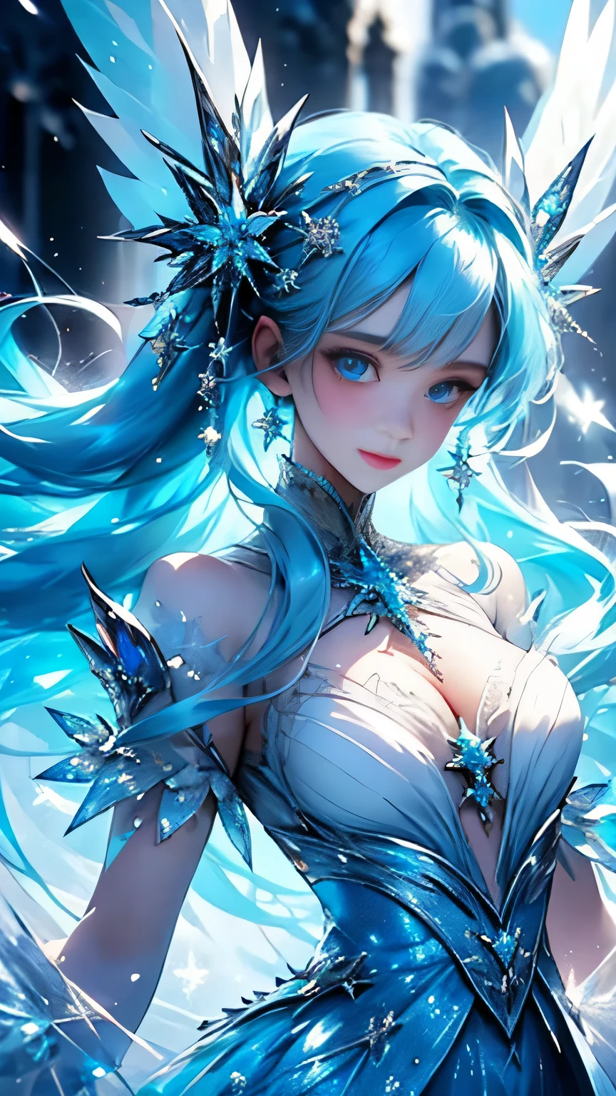 Masterpiece, best quality, long light blue hair, twin tails, sparkling blue eyes, gothic, ice, ice clothes, frills, detailed background, glowing particles in the air, particles of light, ice world, An ice fairy flying through powder snow. She wears a costume decorated with ice crystals. A fantastic ice flower. smile,