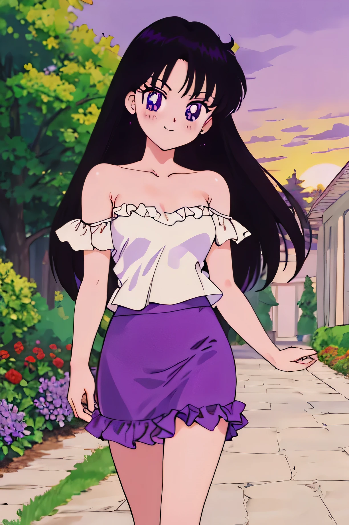 (retro anime girl:1.2), (masterpiece:1.2), (best quality), (ultra detailed), (8k,4k), (half body:1.2), (cowboy:1.2), (close up:1.2), (highly detailed:1.2), (White Ruffle Off-the-shoulder tank top:1.4), (purple pencil skirt:1.4), Rei Hino, 1 girl, solo, Best quality, masterpiece, High Definition, Teenager, Purple Eyes, Beautiful Detail Eyes, Black Hair, Long Hair, Good hands at sides, Seductive Smile, Blushing, Bare Neck, Bare Arms, Bare Shoulders, short sleeve, Strapless, White Ruffle Off-the-Shoulder Tank Top, purple pencil skirt, walking in the garden with bare feets, looking at viewers, garden, sunset skies, rose bushes, outdoor gazebo