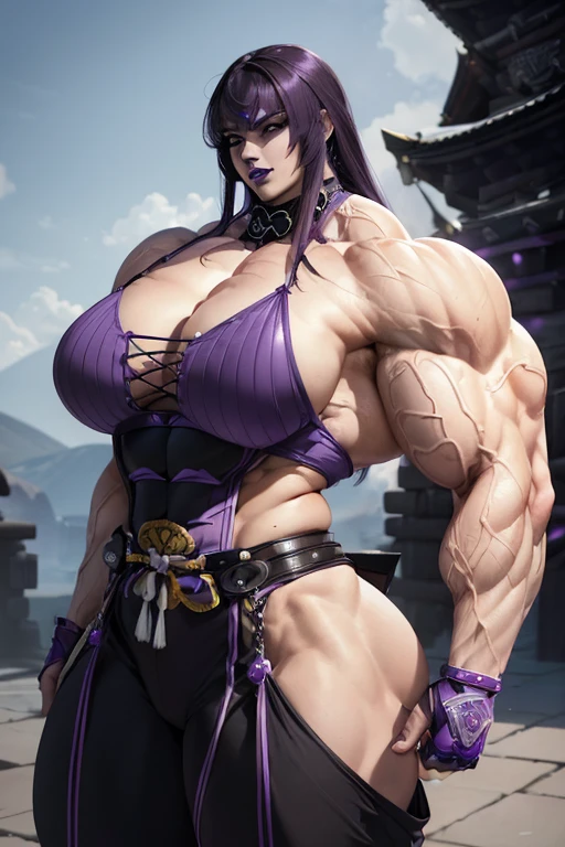 ((((Massive tall, beautiful, buff, pale skinned skinned muscular woman with violet purple hair, black lipstick, ginormous bulky muscles and wearing an violet purple samurai armor suit with pants)))), (close view), massive muscle, massive biceps, hyper muscle shoulders, massive shoulders, hyper muscle triceps, (long hair with bangs), black eyes, (samurai boots), confident smile, ((in a battlefield)), evening, hyper vascular arm, hyper muscles arms, hyper muscle legs, massive arms.