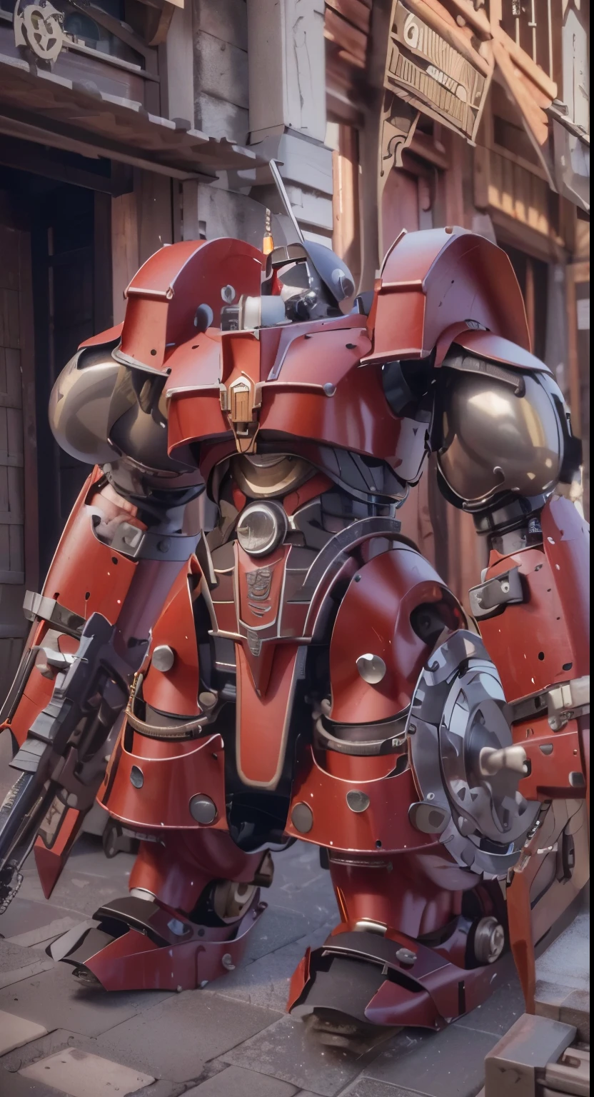 (The main subject: Wide-angle lens), salama，Singer Madonna as Marine Astartes, (Show on the(humongous large breast)Power mech) colours： red colour, (warhammer40k)，Realistic metal mech,Standing in the street.(masterpiece, best quality:1.2), (8k uhd, 16k, 32k, ultra high res), (photorealistic:1.37), (RAW photo), ultimate-realistic, ultimate-realistic details, ultimate-realistic texture, ultimate-intricate details, ultimate-realistic lighting, ultimate-realistic shadow, japanese girl, ultimate-cute face, ultimate-RAW skin, ultimate-realistic eyes, (mechanical:1.4),  (armor), full body, wide shot