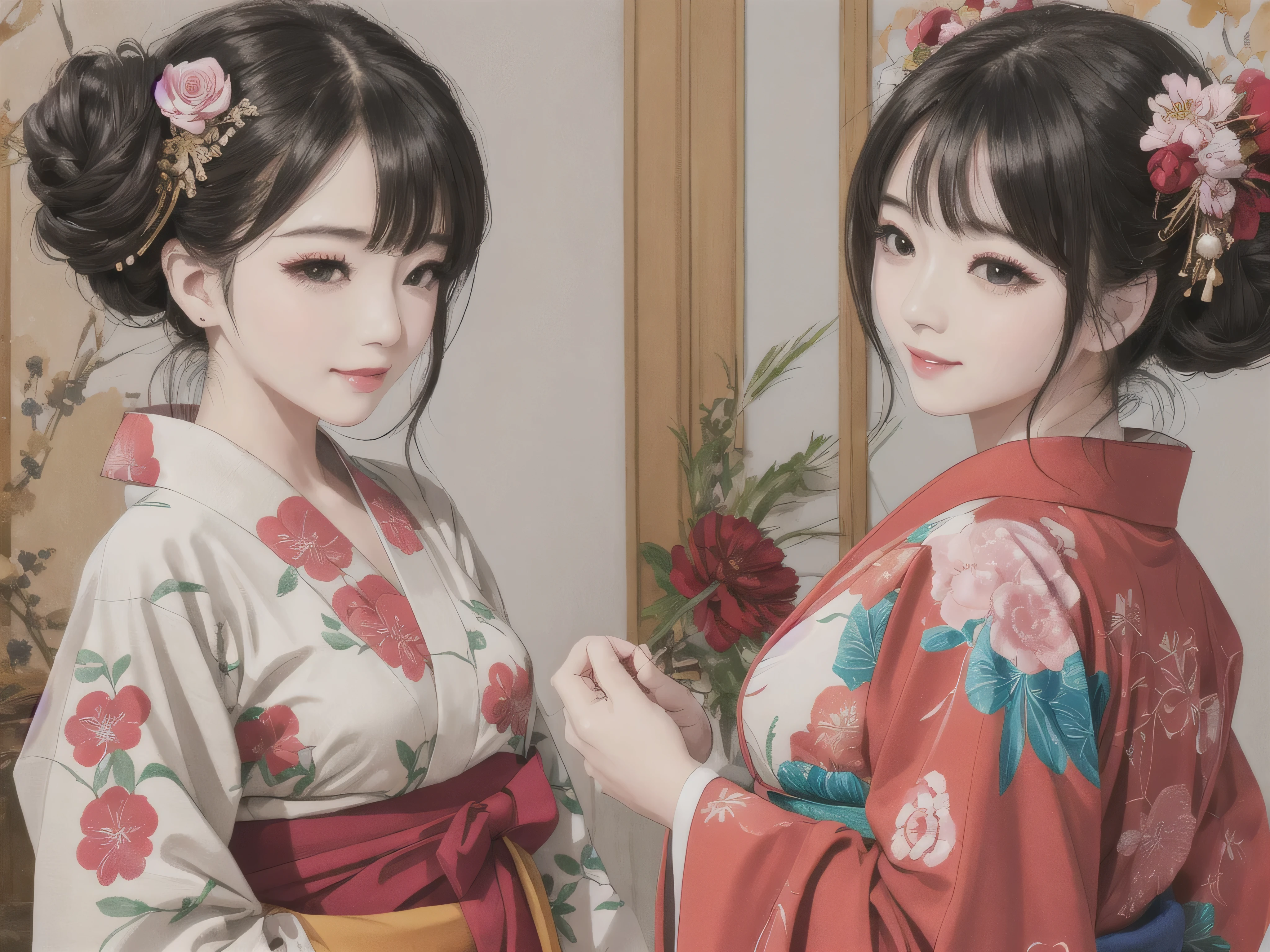 Each has a different expression2People and sisters、(2 girls)、⦅Dancing traditional arts with grace)、((Big Breasts、Small Face、Not exposed))、highest quality、masterpiece、(Black Hair、Bun Hair)、Brown Eyes、⦅Wide angle、Angle from above the waist、Pause on the magazine cover、Each person has a different perspective when looking into the distance⦆、(8K high quality、masterpiece、High resolution、Realistic and beautiful light and shadow、(highest quality)、(High Resolution)、(Very delicate and beautiful)、(Beautiful 8k face)、(Smiling and closing your eyes、Beautiful eyes)、(Clear skin)、(Soft hair)、(8Head to Body)、(A Japanese style yukata kimono with red, pink and orange floral patterns on a white background, interspersed with gold powder、Wearing a yukata2Beautiful Japanese girls)、((Tanabata decoration background))、((Small Face))、(arms up)、Thin and small nose、(Red lipstick)、(Make your cheeks red)、(Glossy skin)、((Ink painting style))、Very thin eyebrows、Overall ultra-high image quality、(She is wearing maiko-style makeup.)、Whitening、Long and beautiful eyelashes、Glowing Skin、(Red cheeks),Straight nose、masterpiece、highest quality、whole body、 Eyebrows visible through hair、Bun Hair、Grin、Gal、Gal、Viewer's Eyes、Plaid、Stylish、woman、fine、Pause、
Waiting to start