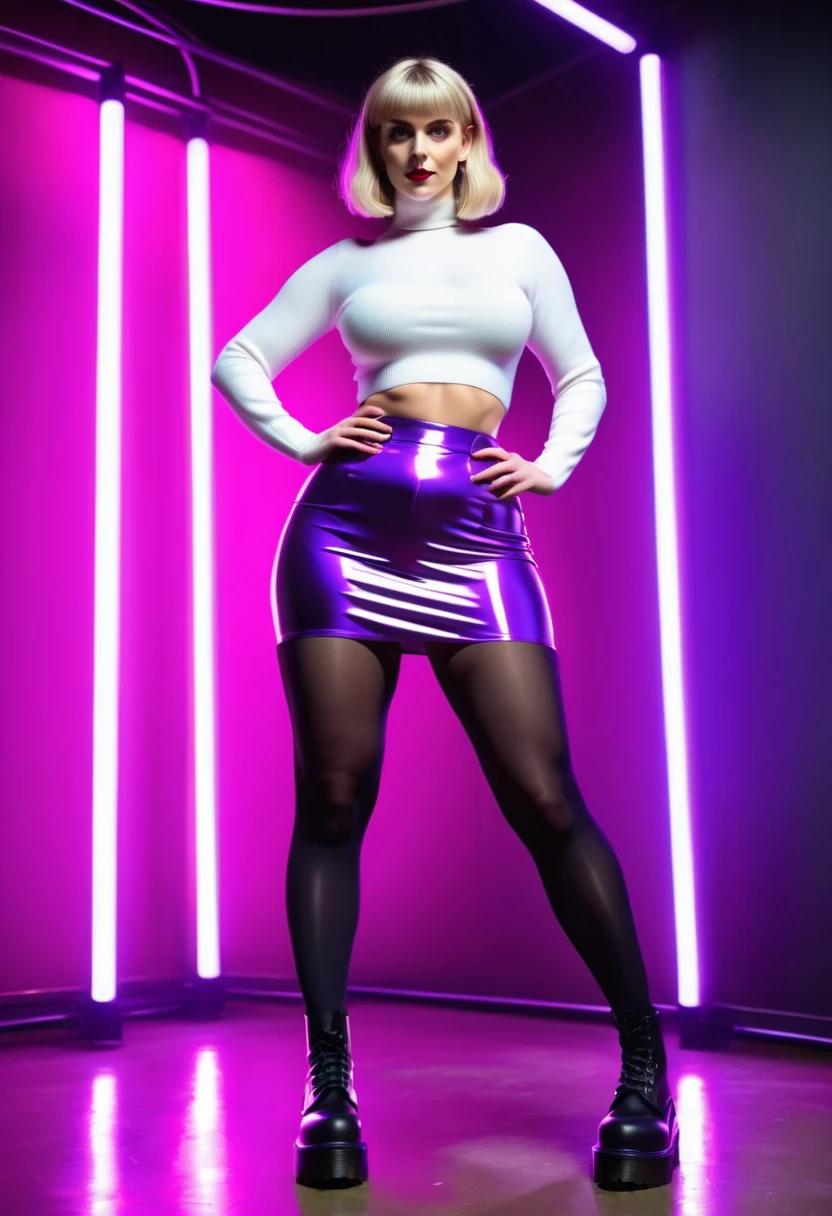 (full body photo:1.3), solo, (from below)1.2, (stylish bob haircut) (huge natural breasts)1.3, (futuristic, nightclub, neon light), (standing pose), (black tights and white wool socks)1.3, (pink tube-top) (purple tight mini skirt)1.2, (black tights and white wool socks)1.3 (Platform Dr Martens boots)1.2, (wide hips, curvy, (thick thighs) (muscular legs))1.2, intricate detail, ((random ethnicity from Europe and America) amazing mature hot female)1.2 posh, (environmental portrait), perfect eyes, looking at viewer, showing ass