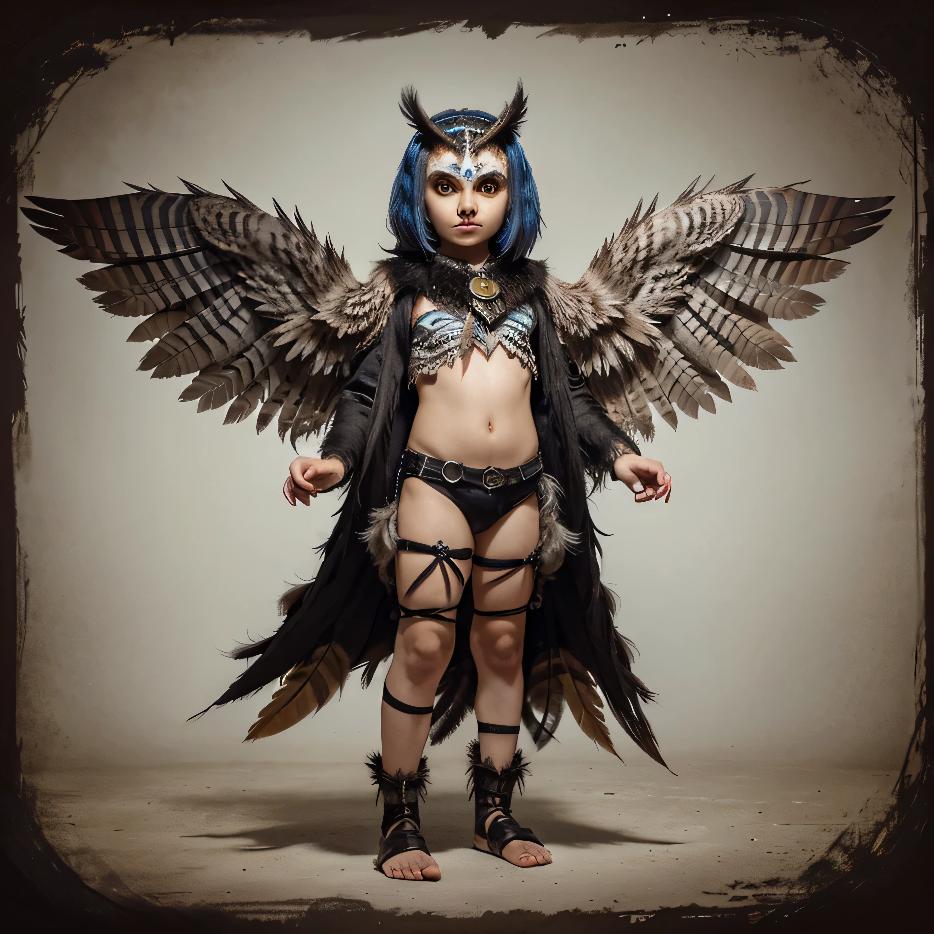 Create a hybrid with a half-owl with owl features and feathers for a DND roleplaying game with owl wings and eyes.
