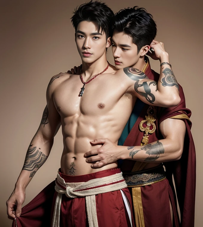 ( safe for work),Two handsome boys kissing, smiling at each other,hugging, kissing, touching lips, cuddle, romantic,skin ship, Chinese Men God, Mythology, realistic, Chinese odyssy, super Handsome,manly, kpop idol, handsome korean actor, 20 years old,, detailed face, manly jawline, detailed mess curly styling hair, Topless, Muscles, big breast Athlete body, Full Frame,full body shoots, realistic, human skin, tattoo breast, Professional studio Lighting, long red tibet wedding Outfit, jade and golden pendent all over , detailed jewery in dress, earings,Chinese ancient wedding Background,out door, super detailed background,look at camera , open mouth, super thin Underneathe Underwear, tibet Warrior, Hanfu red wedding dress, tibet Male, tibet Nobel, Seduce , bare chest , tattoo chest, tattoo arms, tattoo hands, tattoo back, tattoo legs , tattoo belly, nice butts, 