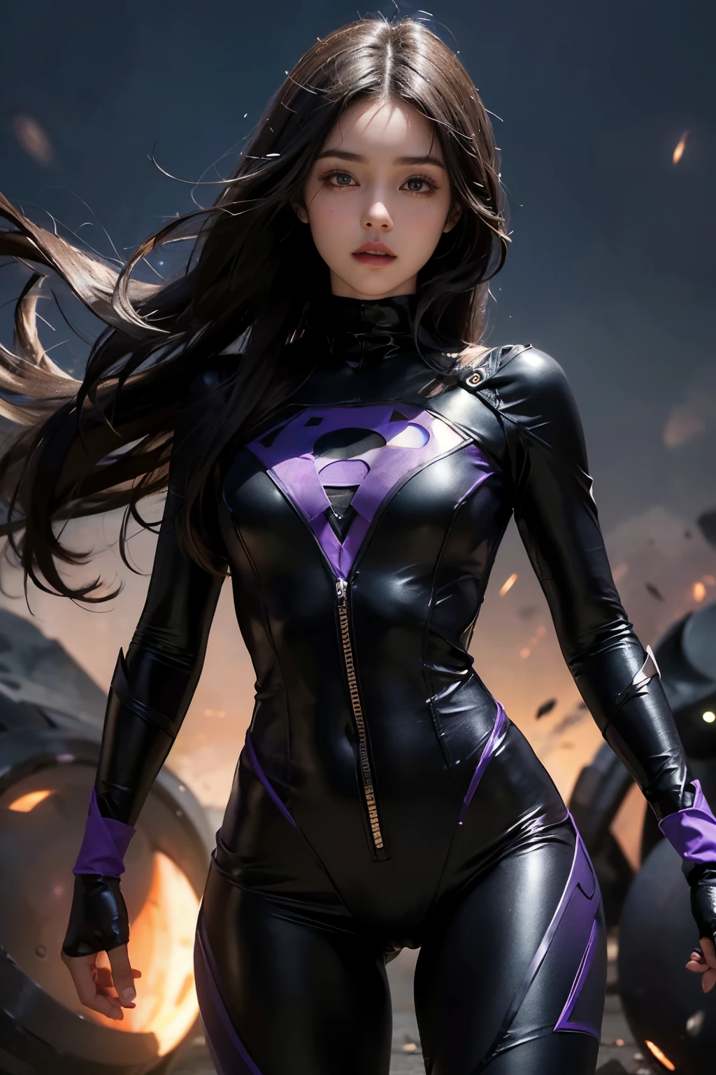 24 year old girl, superheroine in black and purple bodysuit costume covering legs, black and purple superhero theme, she's a superhero long black hair, small glowing purple orb floating next to her, intricate detail, masterpiece, ultr-realistic, 4k resolution, very detailed
