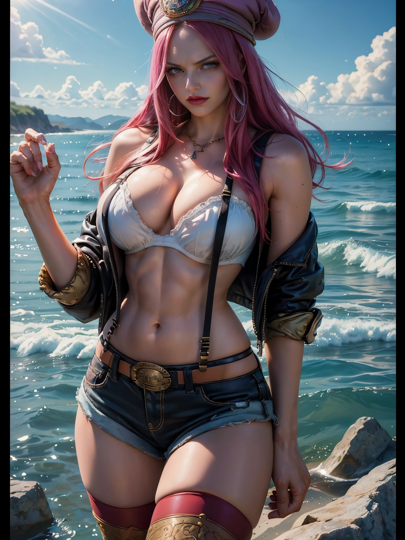 ((top-quality, 8K, masterpiece:1.3)), detailed eyes, (looking at from the front), Look at the camera, ((Everything is sparkling, reflecting light:1.2)), (Best Ratio: 4 fingers, 1 thumb), (portrait), (((Jewelry Bonney from One Piece))), JewelryBonneyV2, 1girl, solo, (cute Asian face),((cute young face)), long hair, pink hair, hat, ((slim girl, large breasts, hyperdetailed lips)), red lips, (thighhighs, shorts, suspenders, boots, purple eyes), navel, midriff, crop top, belt, suspender shorts, complex detailed background, barren land, rocks, ocean, nature environment, standing, (upper body image :1.5)