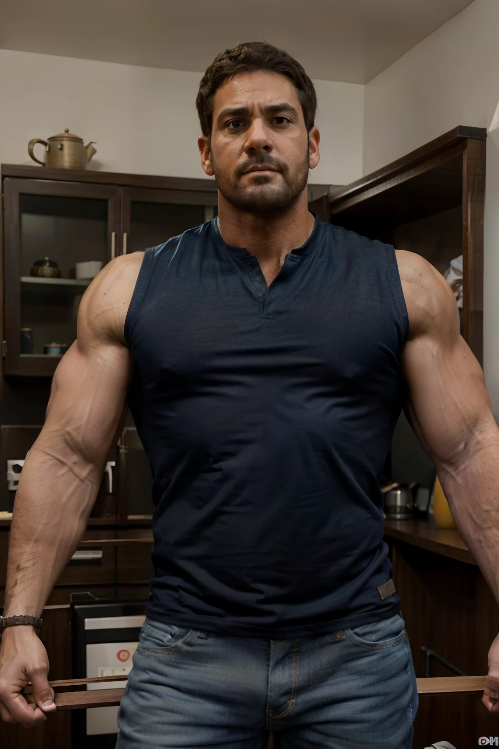 Realistic 8K image of a 33-year-old man, rubio, Fuerte, musculoso y nalgon, cabello corto, ojos verdes, Vestido con una camiseta blanca sin mangas y jeans negros, shy expression, muy guapo, Big muscular body, , de pie en la sala de estar de un apartamento sencillo, escena nocturna. Cuerpo completo jeans Big muscular