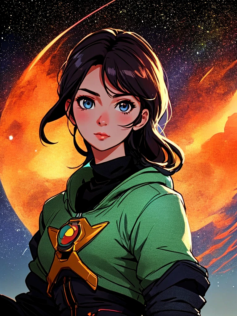 una caricatura de una mujer con una espada parada frente a un planeta, retrato anime chica cadete espacial, solo una broma, hero 2d fanart artstation, oversight fanart, monitoring echo, :: rossdraws, rossdraws dibujos animados vibrantes, retrato, caballeros del zodiaco, , Lois van Baarle y Rossdraws, chica en el espacio, retrato chica astronauta blindada