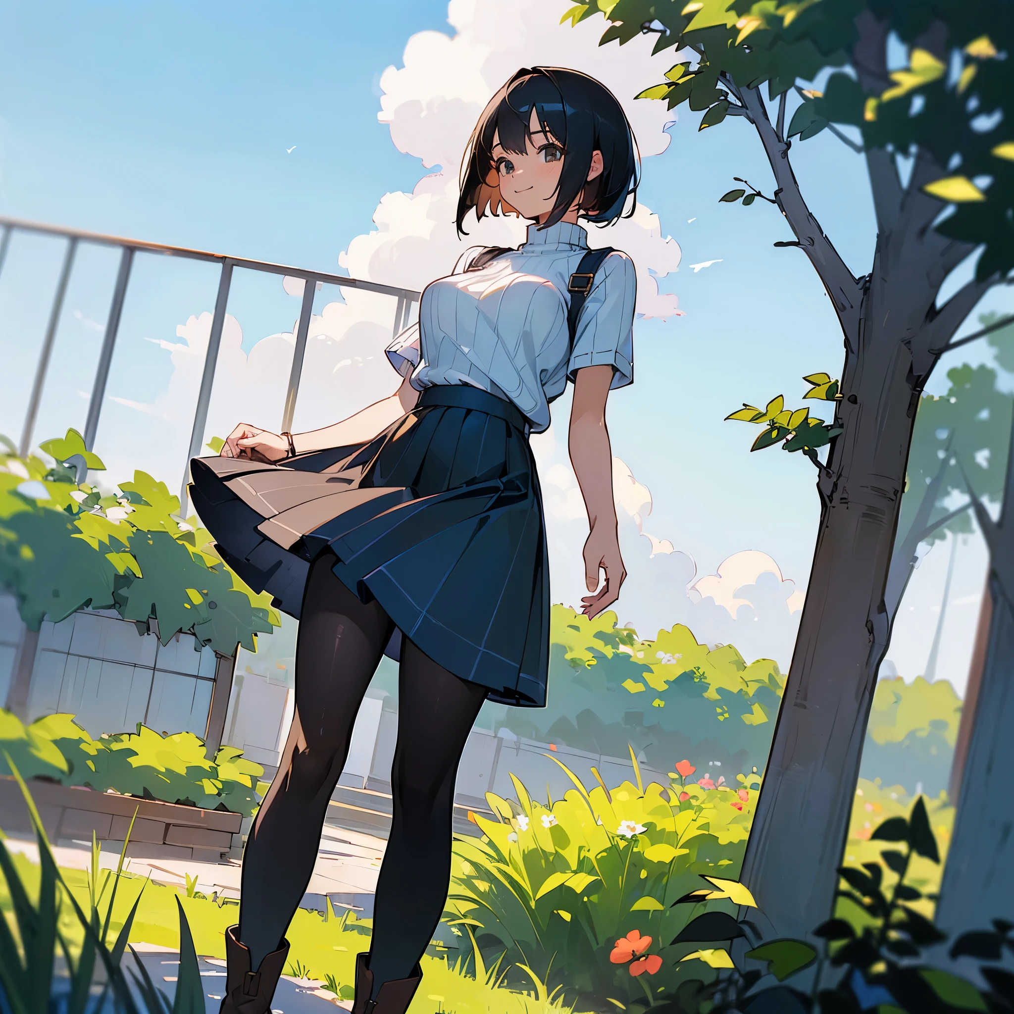 (high quality, High resolution, Very detailed, reality:1.37), Peaceful atmosphere, (Outdoor, garden), teenage girl standing alone, (my breasts are big.), Beautiful detail features, Cute Smile, (Black bob hair), Short sleeve ribbed sweater, Blue Skirt, Black tights, Brown boots.