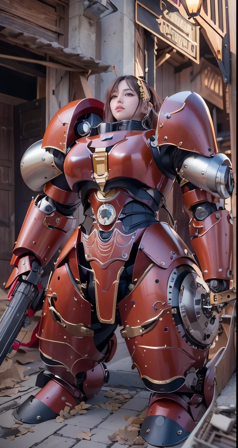 (The main subject: Wide-angle lens), salama，Singer Madonna as Marine Astartes, (Show on the(humongous large breast)Power mech) colours： red colour, (warhammer40k)，Realistic metal mech,Standing in the street.(masterpiece, best quality:1.2), (8k uhd, 16k, 32k, ultra high res), (photorealistic:1.37), (RAW photo), ultimate-realistic, ultimate-realistic details, ultimate-realistic texture, ultimate-intricate details, ultimate-realistic lighting, ultimate-realistic shadow, japanese girl, ultimate-cute face, ultimate-RAW skin, ultimate-realistic eyes, (mechanical:1.4),  (armor), full body, wide shot