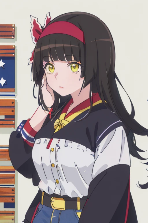 ,cute,g(high quality:1.5),(High resolution:1.5),(Black Hair:1.2),(Yellow Eyes:1.2),(Fluffy and voluminous hair:1.25),(🇺🇸:1.4),(American flag inspired clothing:1.4),(POP and casual clothes:1.3),(Big Breasts),(Face the thought:1.3),(He puts his fingers to his face and seems to be thinking.:1.35),Big red flower hair ornament、tukimichi_spider